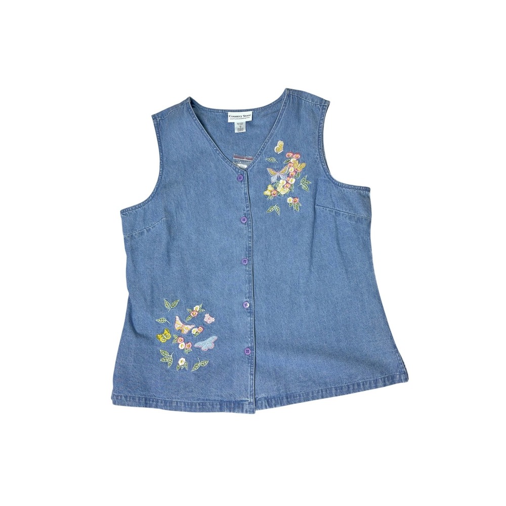 Y2K Butterfly Embroidered Sleeveless Button Up Light Wash Denim Top Size XL